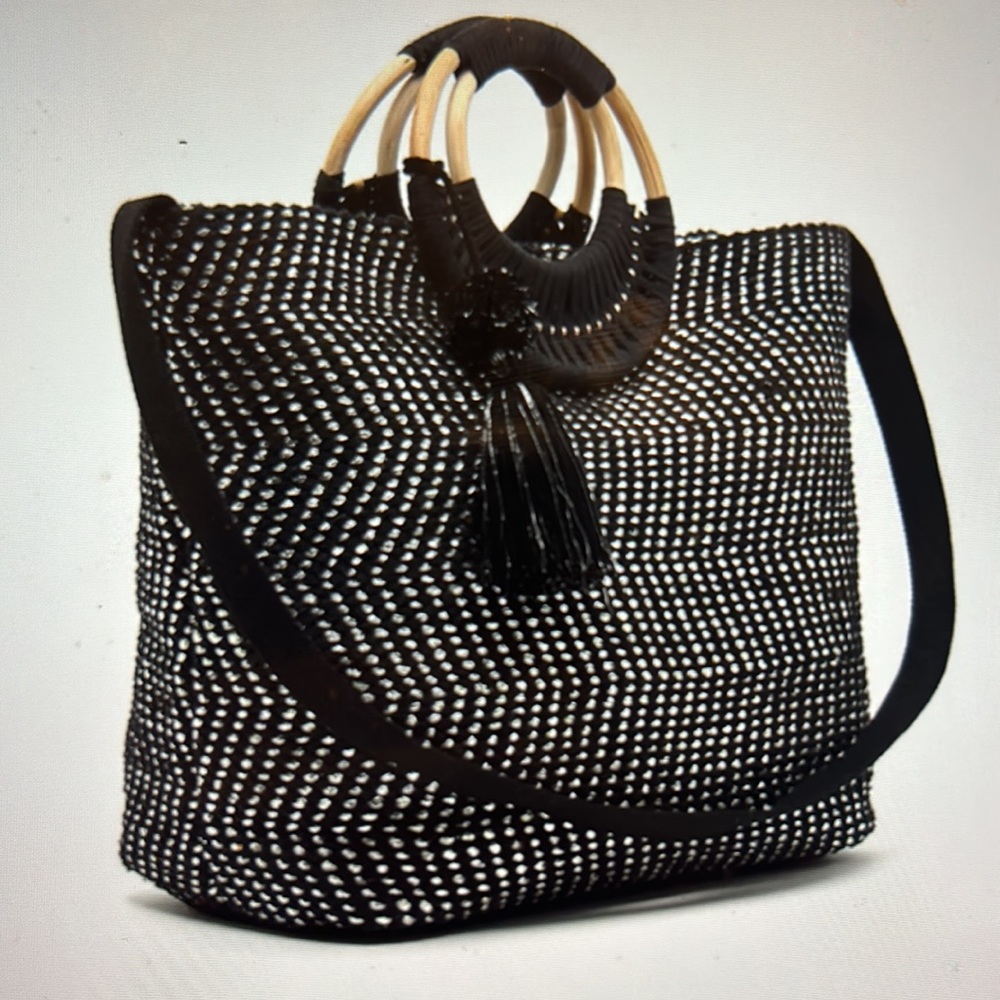 Midnight Lurex Wicker Handle Tote in Black